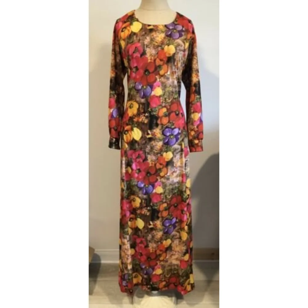 Vintage Handmade 1970s Bohemian Floral Print Long Sleeve Maxi Dress Hippie L - Picture 1 of 9
